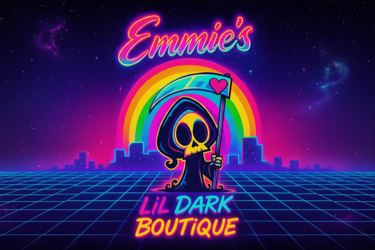 Neon-themed logo with a cartoon skeleton holding a rainbow and heart, set against a futuristic cityscape.